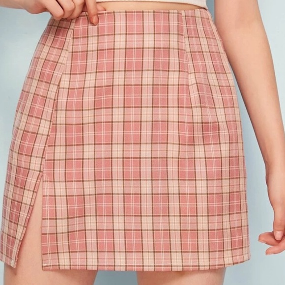 Pink Plaid Asymmetrical Slit Skirt - Picture 1 of 4
